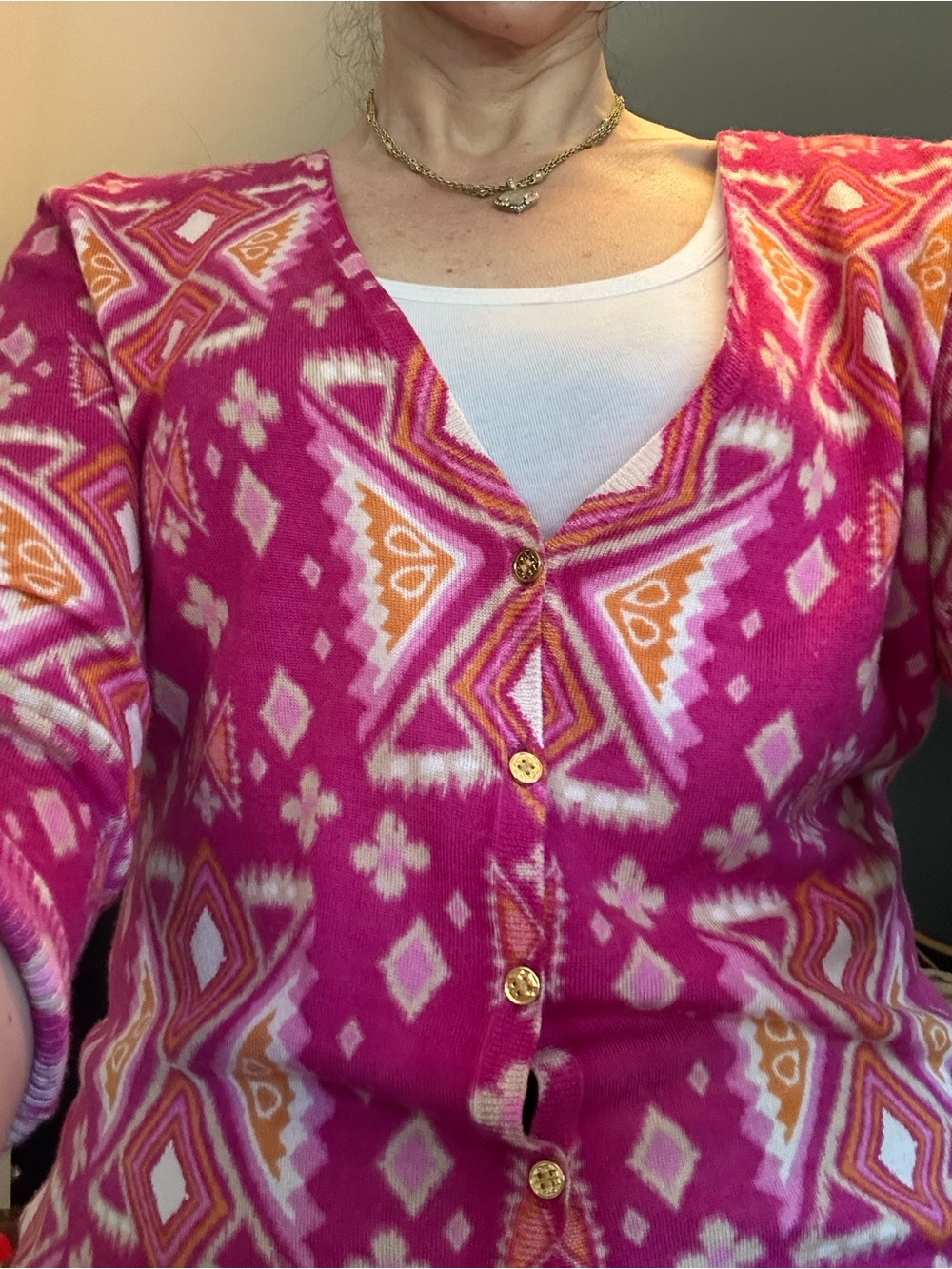 Tory Burch Medium M cardigan sweater v-neck logo buttons pink geometric design